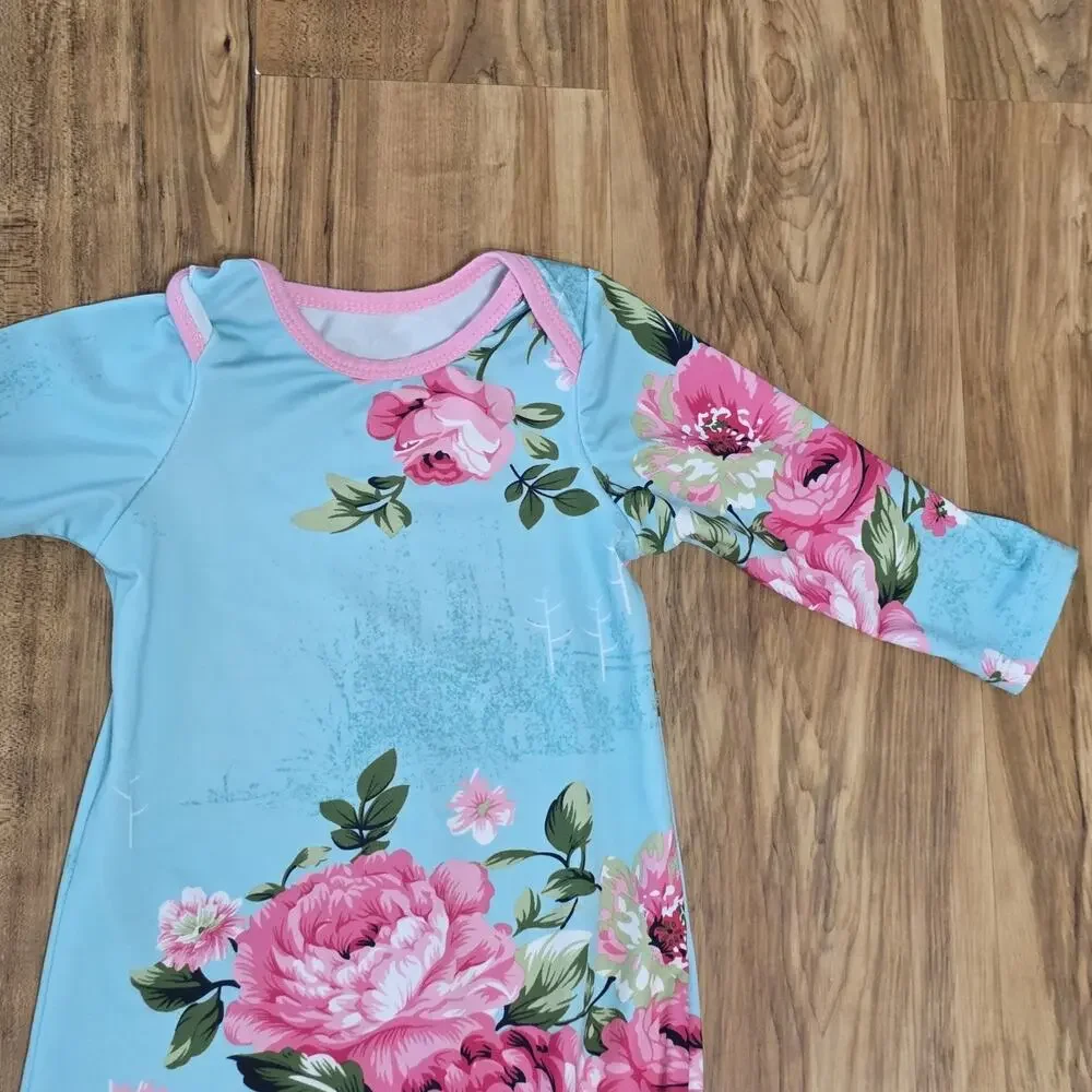 Baby Girl Blue Pink Floral Romper Long Sleeve Ruffle Bell Bottom One Piece